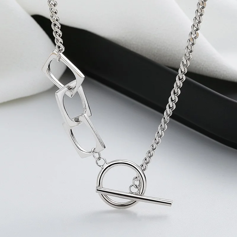 367FL ZFSILVER Fashion Trendy Silver 925 Simple Retro Square Geometry Link OT Necklace Women Charm Jewelry Accessories Match-all