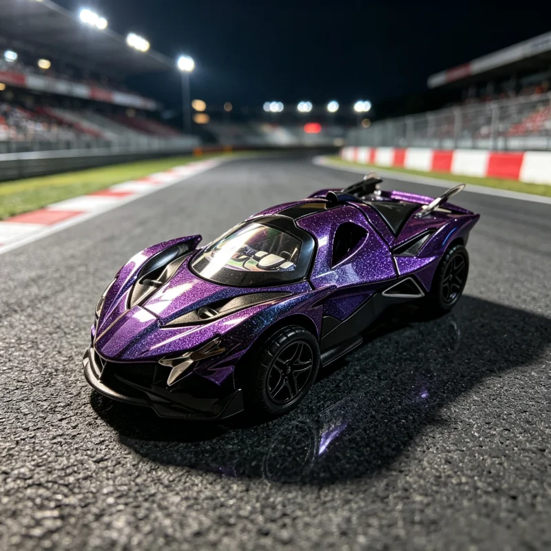 1/36 Starry Purple Glitter Concept Supercar Alloy Model, Scissor Doors That Open, Large Rear Spoiler, Pull-Back Realistic Race C