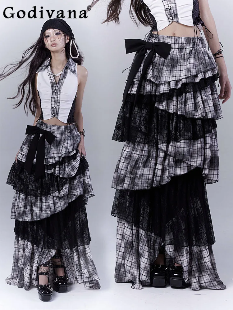 

Chic Unique Lace Plaid Cake Multi-layer Irregular Long Skirt Sweet Bow Elastic Waist A-line Personalized Girl Fashion Skirts