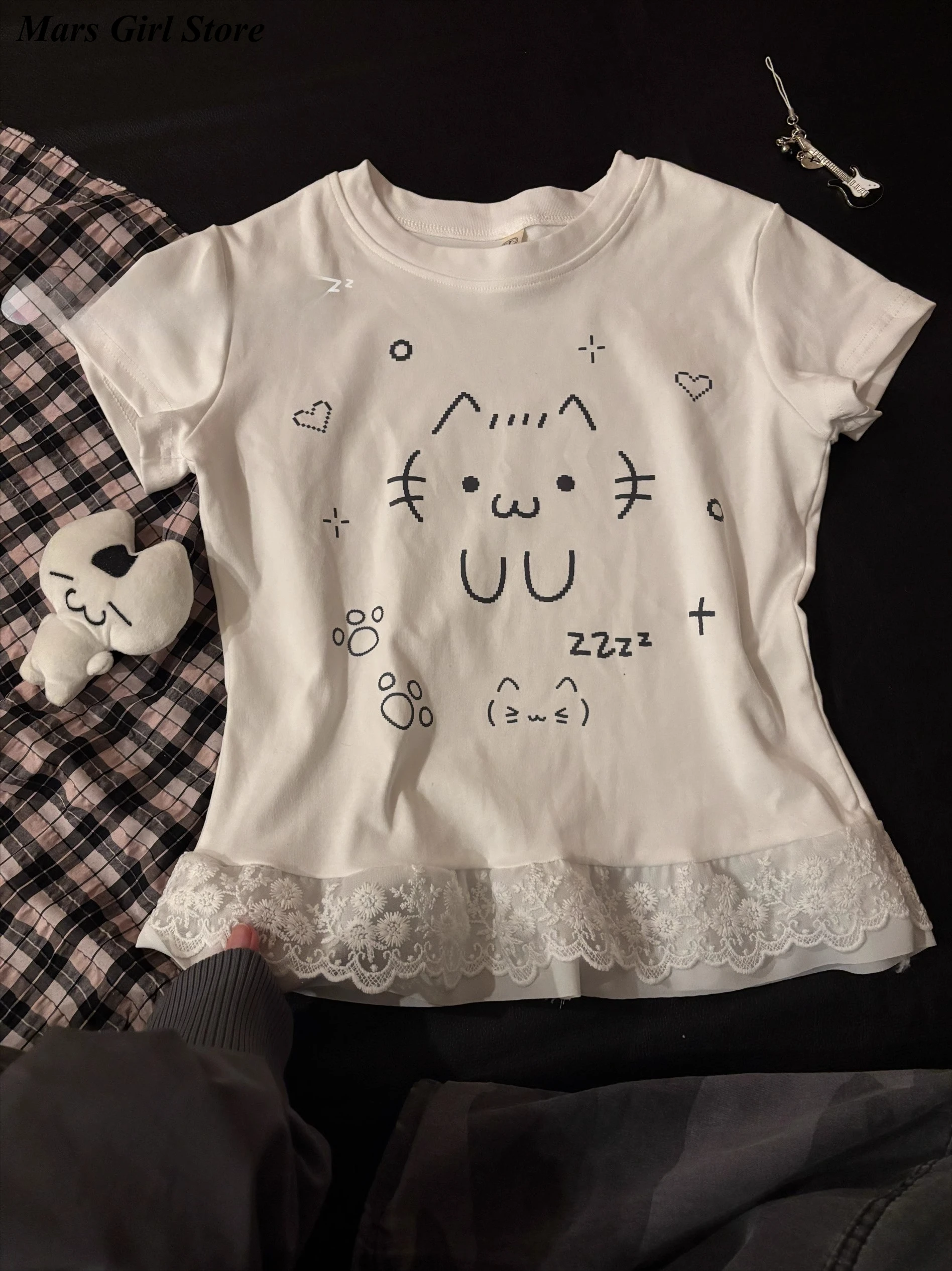 

Kawaii Cute Cat Print Lace Hem Tops Women Short Sleeve Cartoon T Shirt Harajuku Japanese Sweet Summer Casual Korean Chic Tee