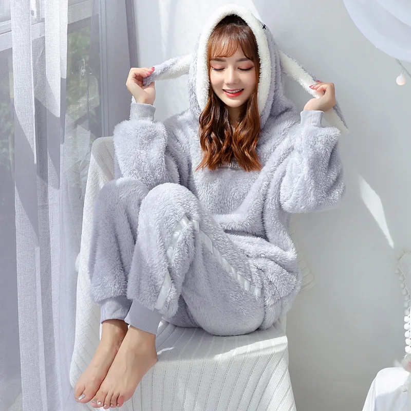 Autumn Winter Warm Pajamas Set 2021 Casual Homewear Pijama Set Thickened Flannel Velvet Cartoon Rabbit Hooded Loose Pajamas Set