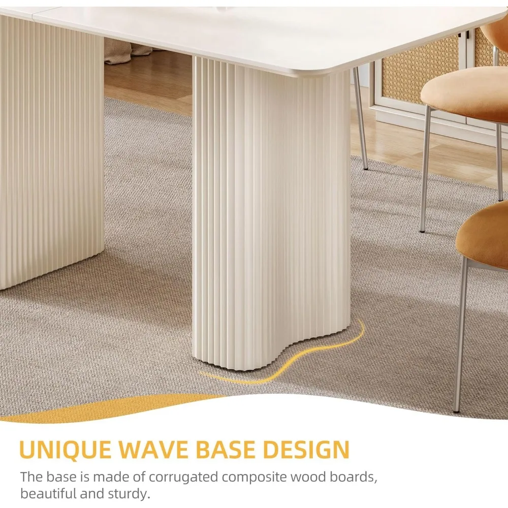 63'' Dining Table for 4-6 People Modern Rectangular Kitchen Table with Solid Wave Curved Legs Large Cream White Dinner Table