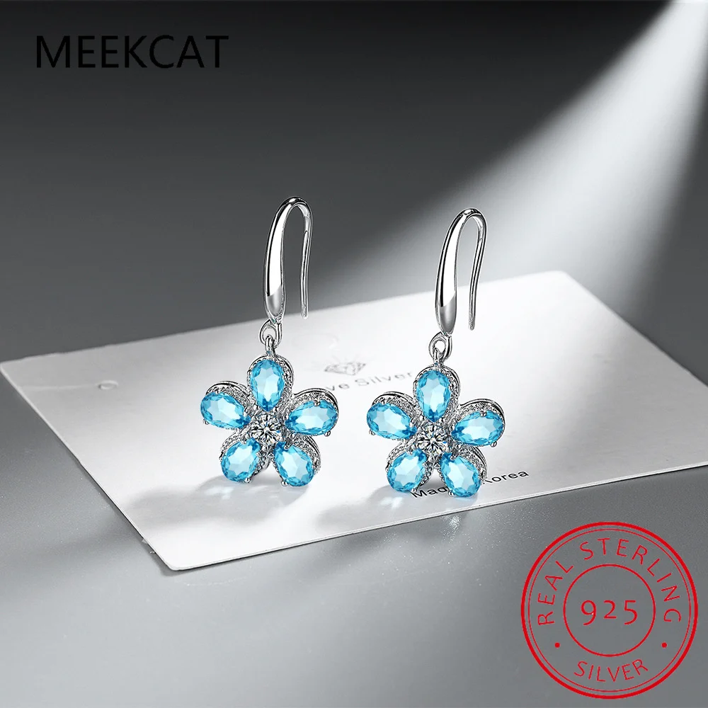 Heart 4 Stones Natural Sky Blue Topaz 925 Sterling Silver Dangle Drop Earrings for Woman Daily Gemstone Fine Jewelry