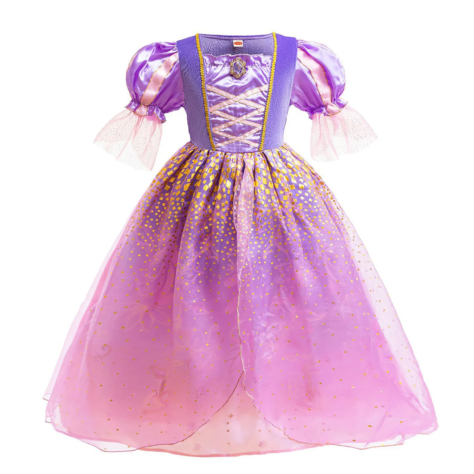 

Kids Girls Princess Dress Square Neck Striped Puffed Sleeves Rhinestone Mesh Tutu Dress for Halloween Birthday Party Costume