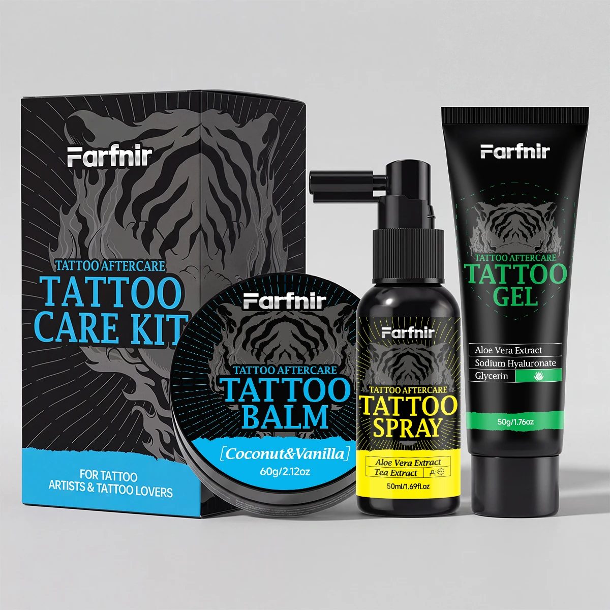 Kit de cuidado para tatuajes que hidrata y nutre la piel, presenta colores vibrantes y cuida suavemente el tatuaje.