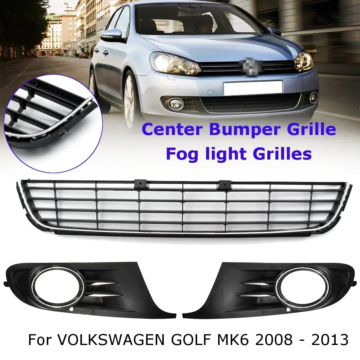 Black Car Front Lower Center Bumper Grille + Fog Light Grille Grill Trim For VW Golf MK6 2008 2009 2010 2011 2012 2013