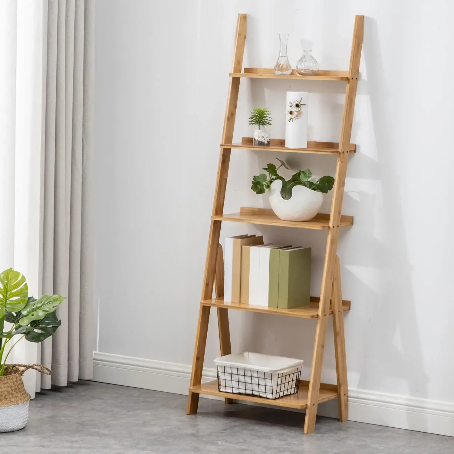 Bamboo Ladder Shelf Bookcase, 5-Tier Leaning Bookshelf Free Standing Organizer Storage Shelves for Living Room, Bedroom, Kitchen