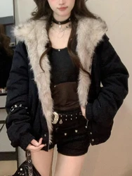 American Style Retro Hooded Jacket Winter Gothic Harajuku Fashion Black Coat Casual Outerwear Y2k Fur Collar Parkas Woman Chic