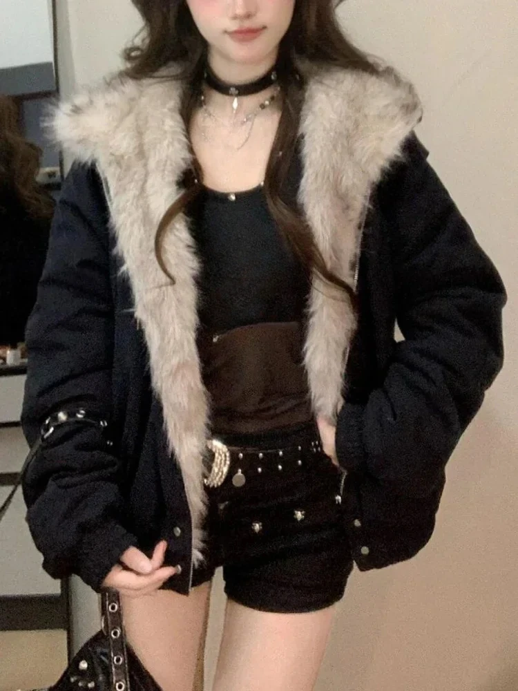 American Style Retro Hooded Jacket Winter Gothic Harajuku Fashion Black Coat Casual Outerwear Y2k Fur Collar  Parkas Woman Chic