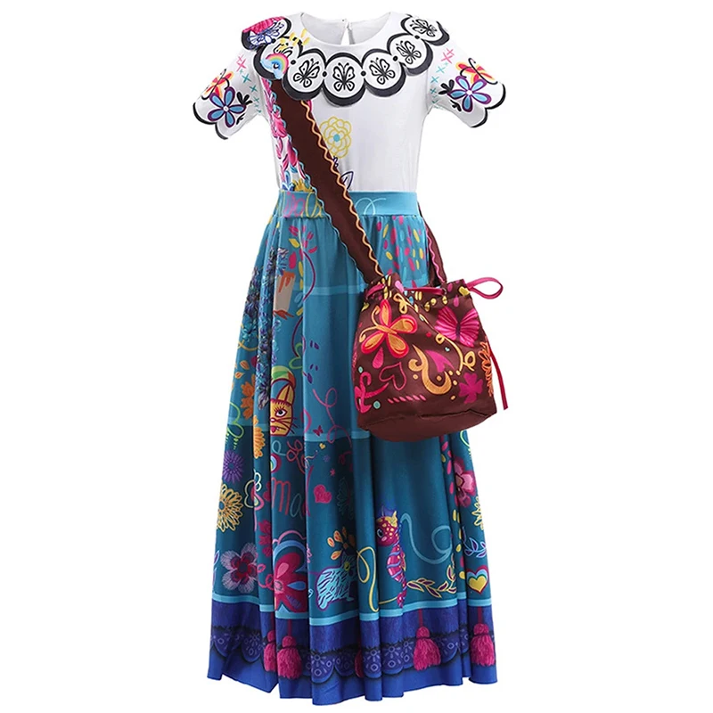 3Pcs Flower Print Encanto Dress Girls Short Sleeve Summer Dress with Bag Headband Mirabel Costume Children Outdoor Casual Dress