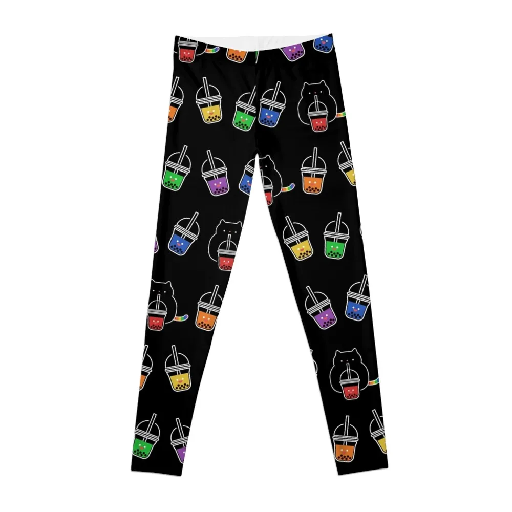 

Kawaii Black Cat with Rainbow Bubble Boba Milk Tea Drink Leggings legging gym joggers for Womens Leggings