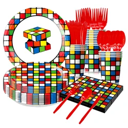 Rubik's cube Theme Birthday Decorations Party Disposable Tableware Paper Napkins Cups Plates Tablecloths Straw