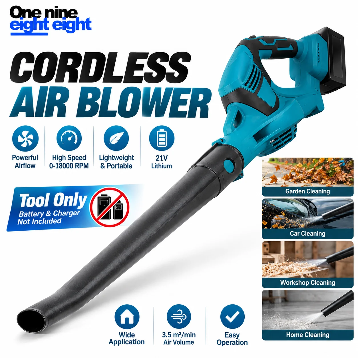 One Nine Eight Eight Cordless Electric Blower 21V High Air Volume Powerful Dust Cleaning Portable Air Blower Tool Only for Car W