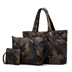 3 Bags/set Quilted Women Shoulder Bag Large Camouflage Padded Tote Canvas Crossbody Bags for Women 2023 Soft Shopper Purses New