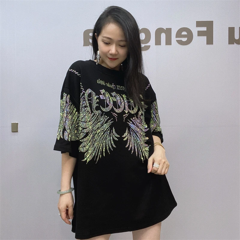 

Trendy 2024 New Spring Summer Women Short Sleeve T-shirt Mid-long Oversize Top Hot Drilling Wings Streetwear Casual Black Tees