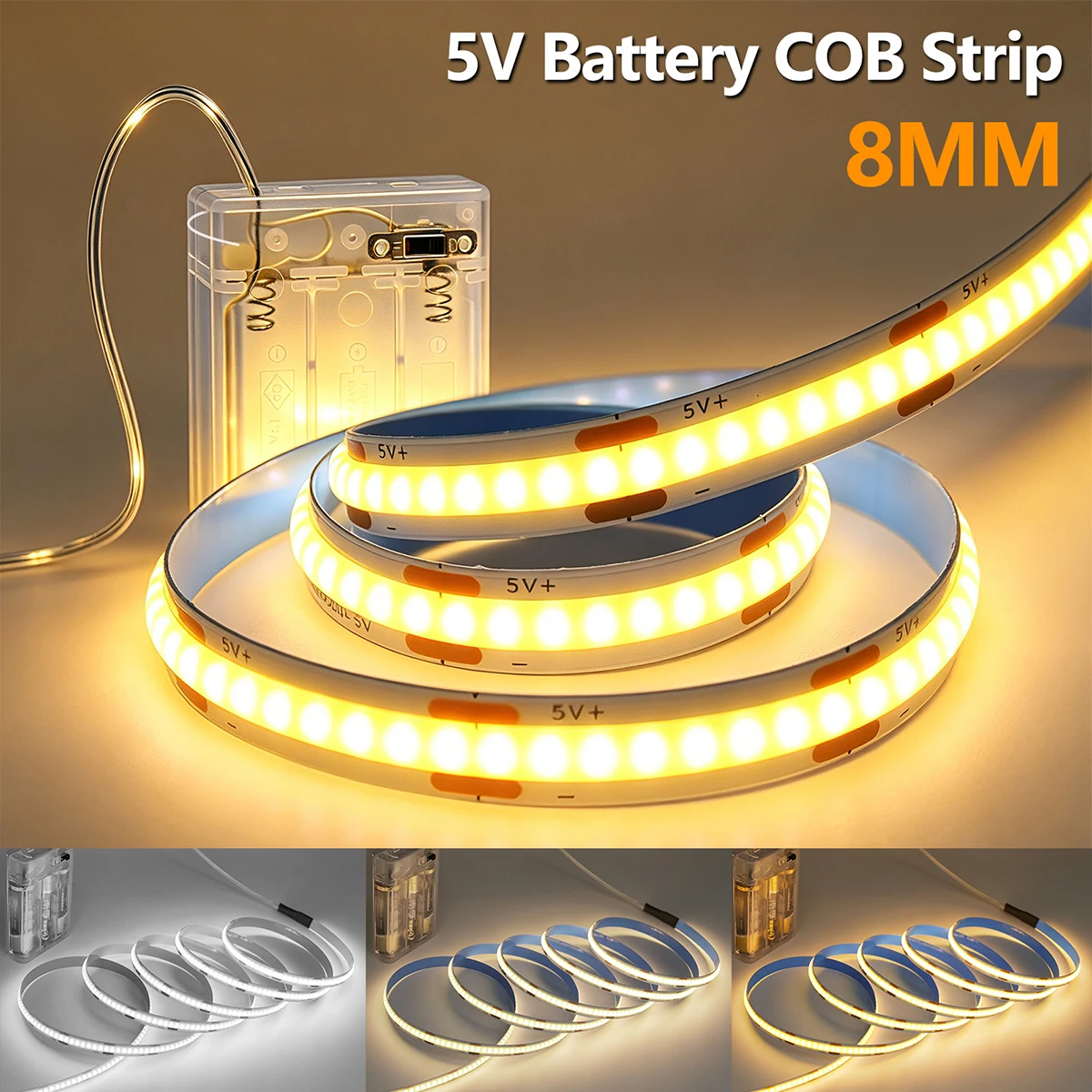 5V COB LED Strip Light 5mm/8mm PCB With 3AA Battery Box 320LEDs White Warm Red Blue Flex Bright Home Cabinet TV Background Decor view 3