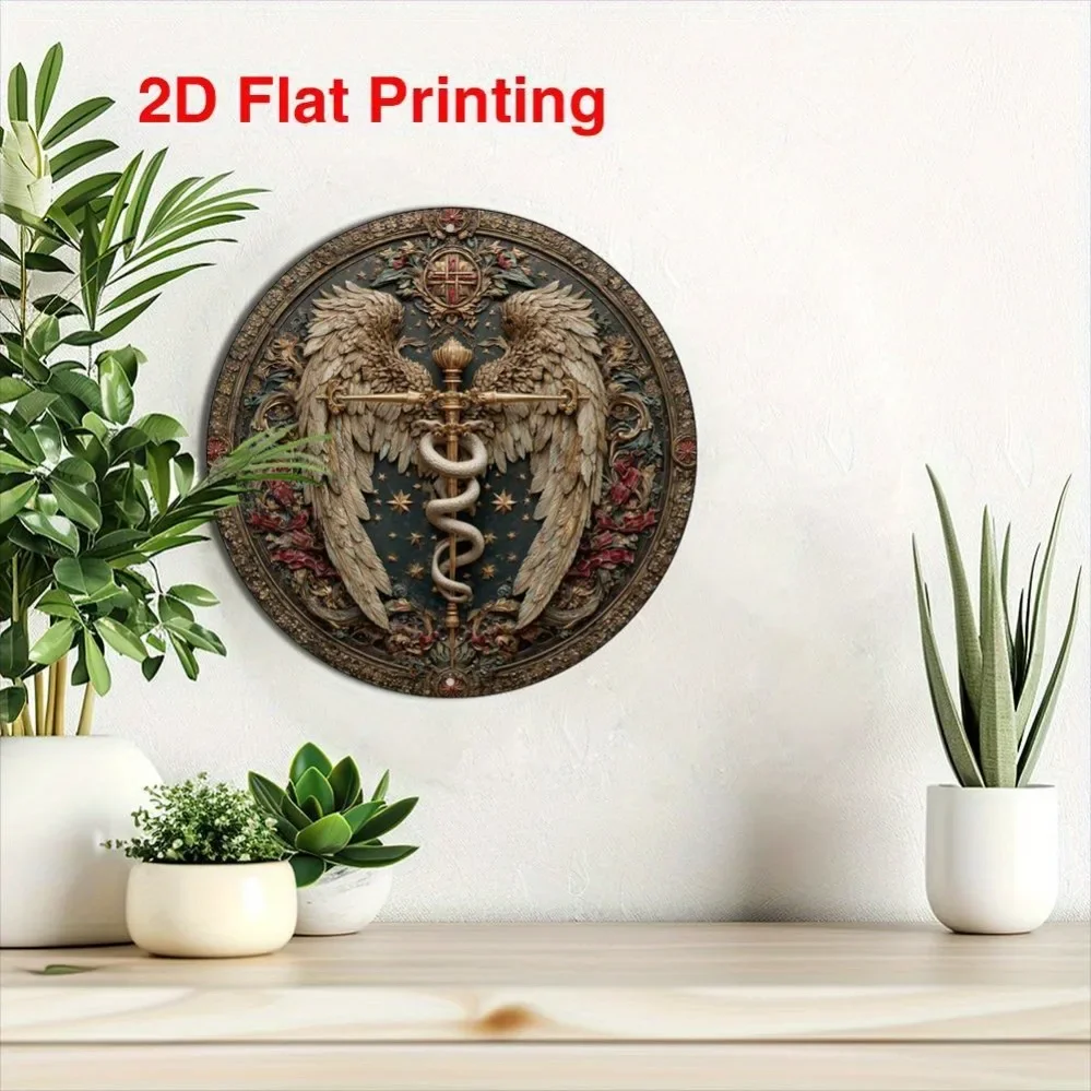 تصميم فني جداري عتيق من الألومنيوم بتصميم Caduceus مزدوج - لهجة ذهبية مقاس 8 × 8 بوصة، ديكور أنيق للمنزل والمكتب والحديقة، هدية للعطلات