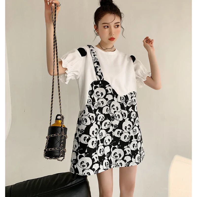 Fashion O-Neck Printed Spliced Fake Two Pieces Midi Dress Female Clothing 2024 Summer New Loose Butterfly Sleeve Casual Dress