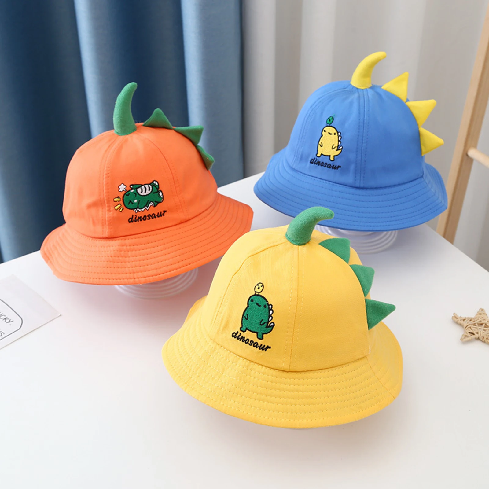 New Fashion Baby Kids Bucket Hat Cute Embroidery Dinosaur Letters Print Wide Brim Sun Protection Cap For Girls Boys Hot Sale