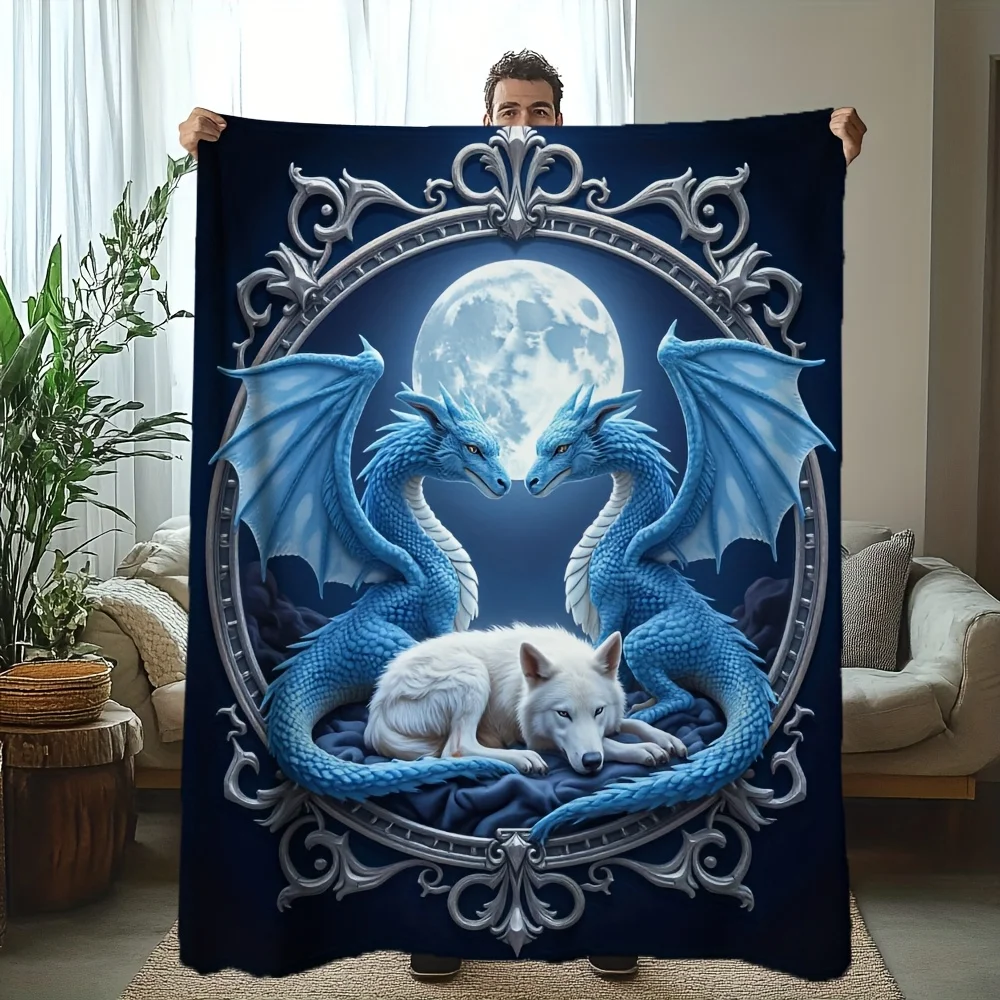 Blue Dragons and White Wolf Fleece Blanket Fantasy Art Design Soft Cozy Throw Home Decor for Living Room or Bedroom 40x60