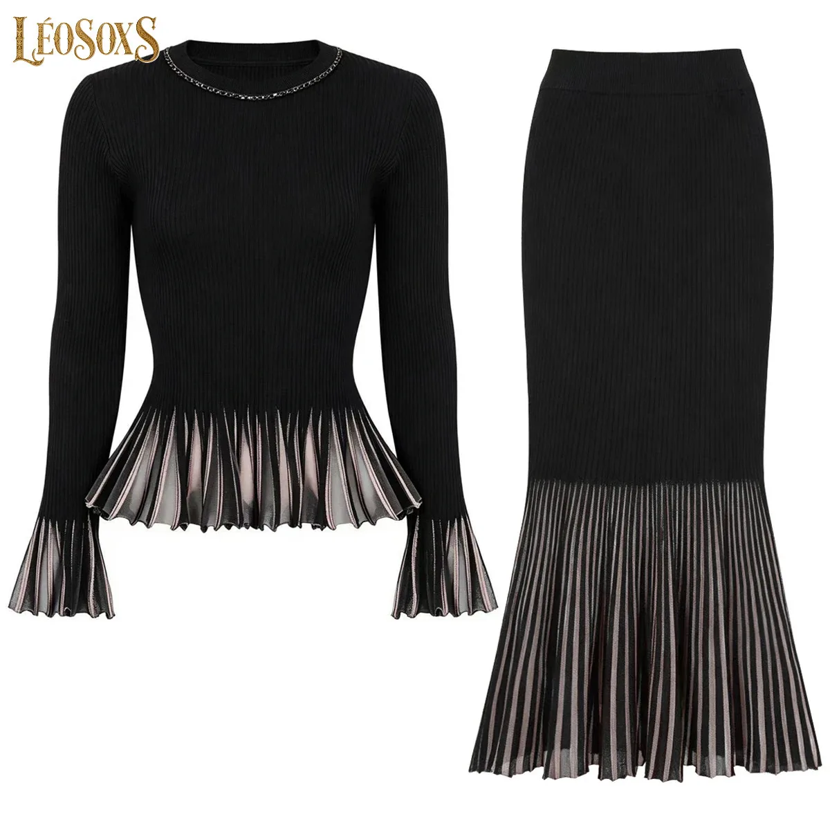 LEOSOXS New Autumn Fashion Women Knitted Hollow V Neck Nail Drill Horn Sleeve Top Coat Matching Skirt Commuter Outfit