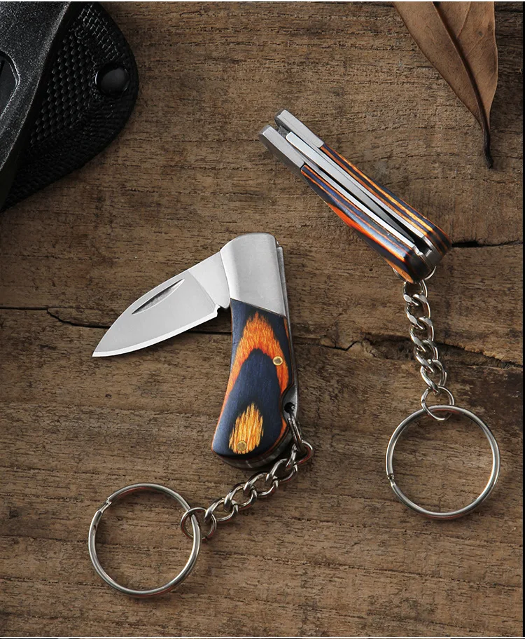 Portable Keychain Folding Knife Stainless Steel Outdoor Camping Mini Pocket Knife Keyring Wooden Handle Kitchen Fruit Knife