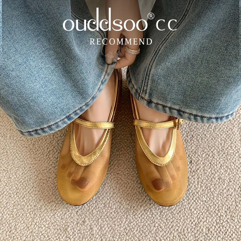 Ods Mesh Breathable Ballet Pumps Round Toe Flat With Belt Buckle Slip-On Fashion Elegant Party Sexy  Square Toe Office Lady Work