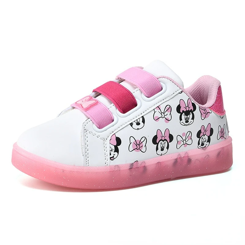 Disney Children\'s Casual Shoes Girls\' White Pink Mickey Minnie Mouse Shoes Children\'s Casual Sports Flats Sneakers Size 26-31