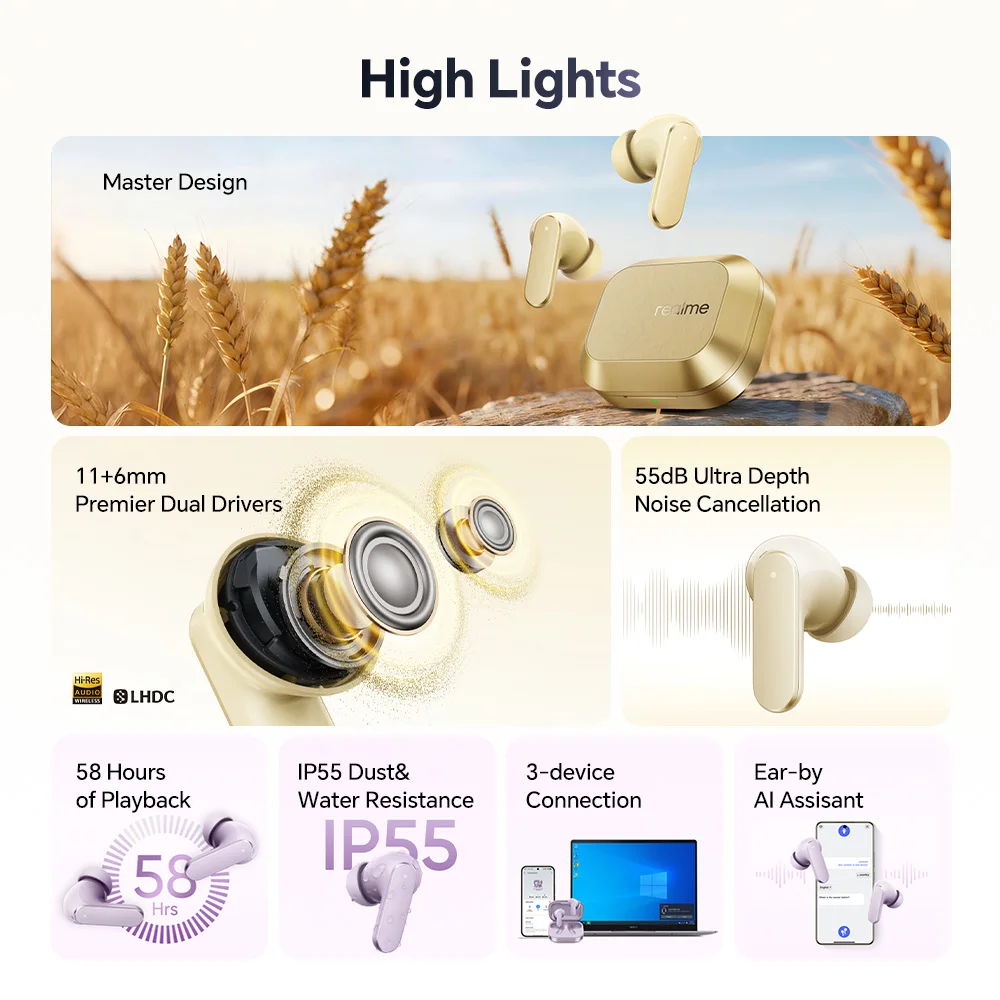 realme Buds Air 8 nuevos auriculares Bluetooth con asistente de IA, 55 dB y 58 horas de autonomía para realme 16 Pro Plus, realme GT y 8 Pro 3