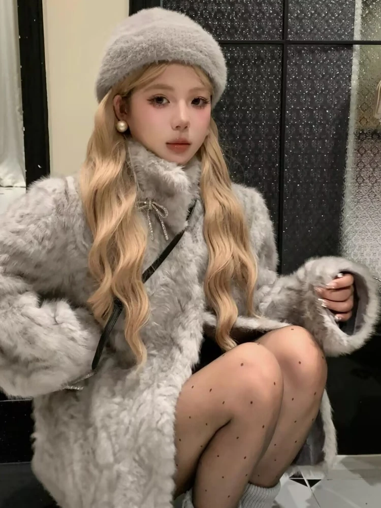 Abrigo de piel de cordero Nunu, piel de visón teñida con cuello alto para mujer, abrigo de piel ecológico todo en uno para invierno