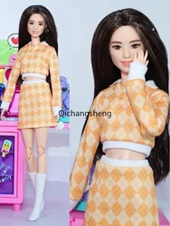 Fashion Yellow Plaid 30cm Doll Outfits Set For Barbie Clothes Shirt Skirt For Barbie Dollhouse Clothing 1/6 Dolls Accessories