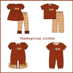 Baby New Cotton Short Sleeve T-shirt Set Round Neck Thanksgiving Turkey Embroidery Boy Brown Top Clothes And Lattice Girl Pants