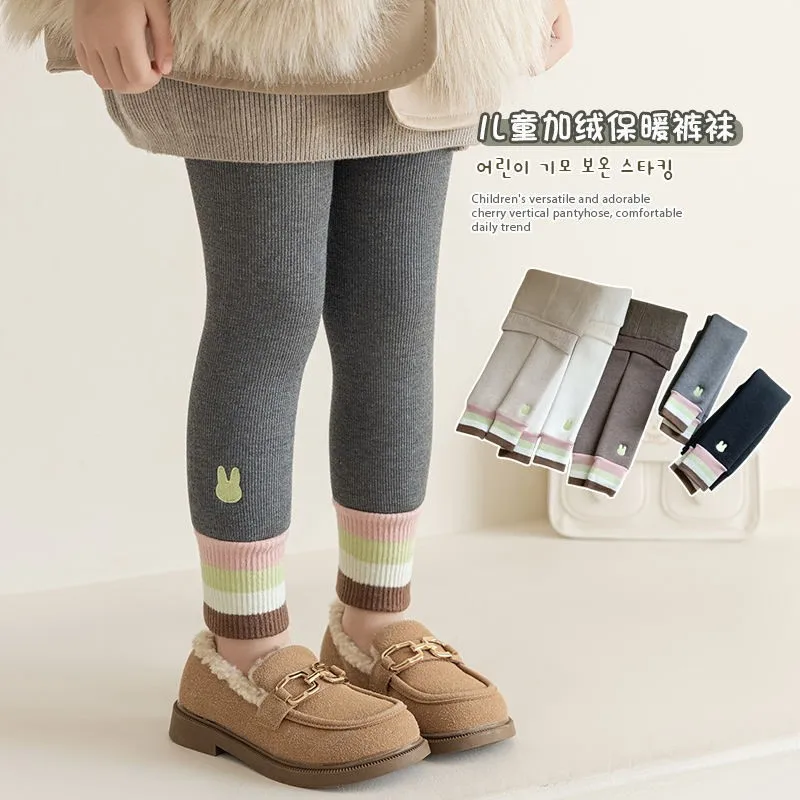 Girls' leggings Embroidered children's thermal pants with fleece thickened for autumn and winter wear