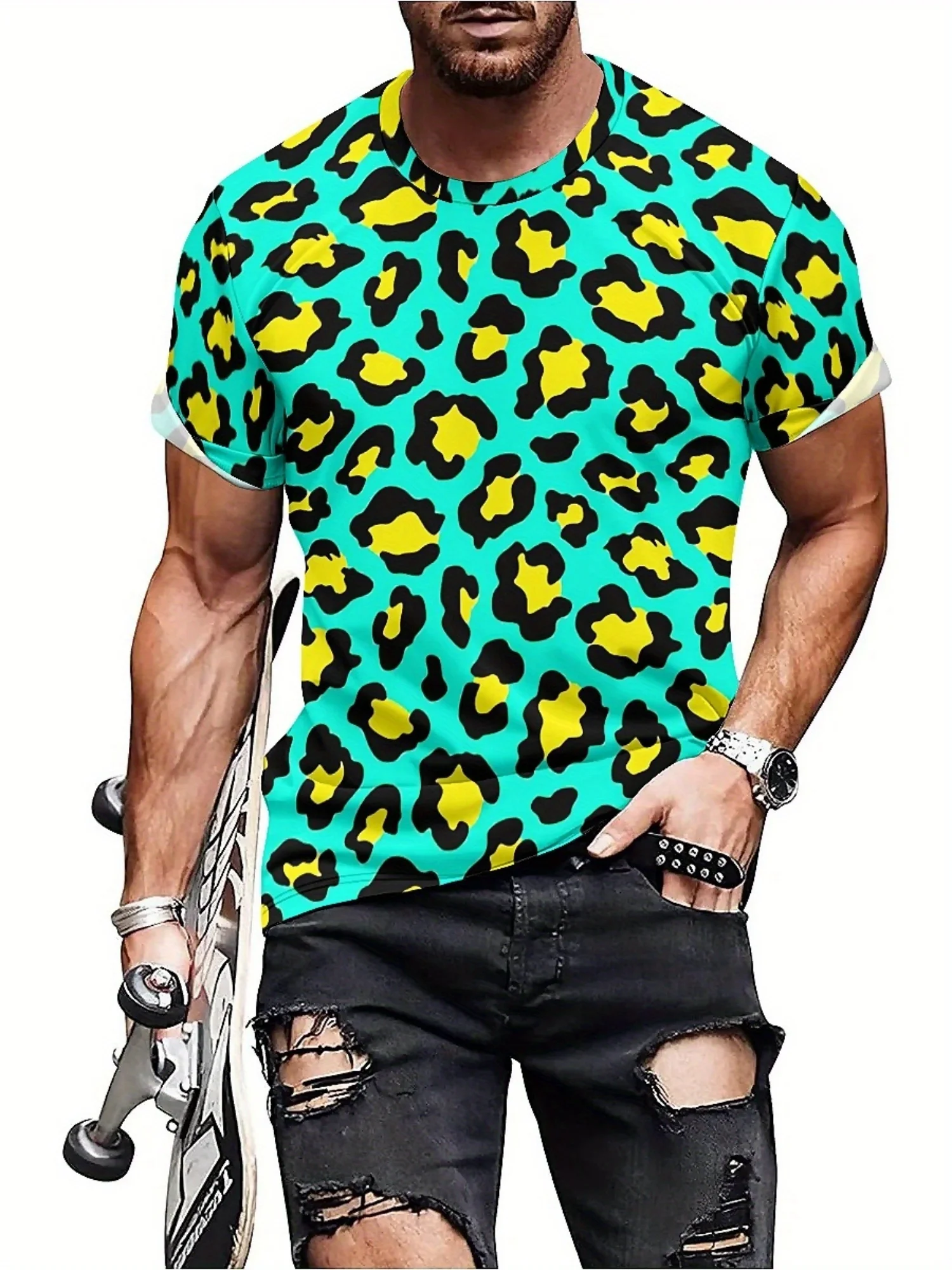 

Men's 3D Leopard Print Tie-Dye T-Shirt - Retro Harajuku Streetwear Style, Soft Polyester Short Sleeve Tee