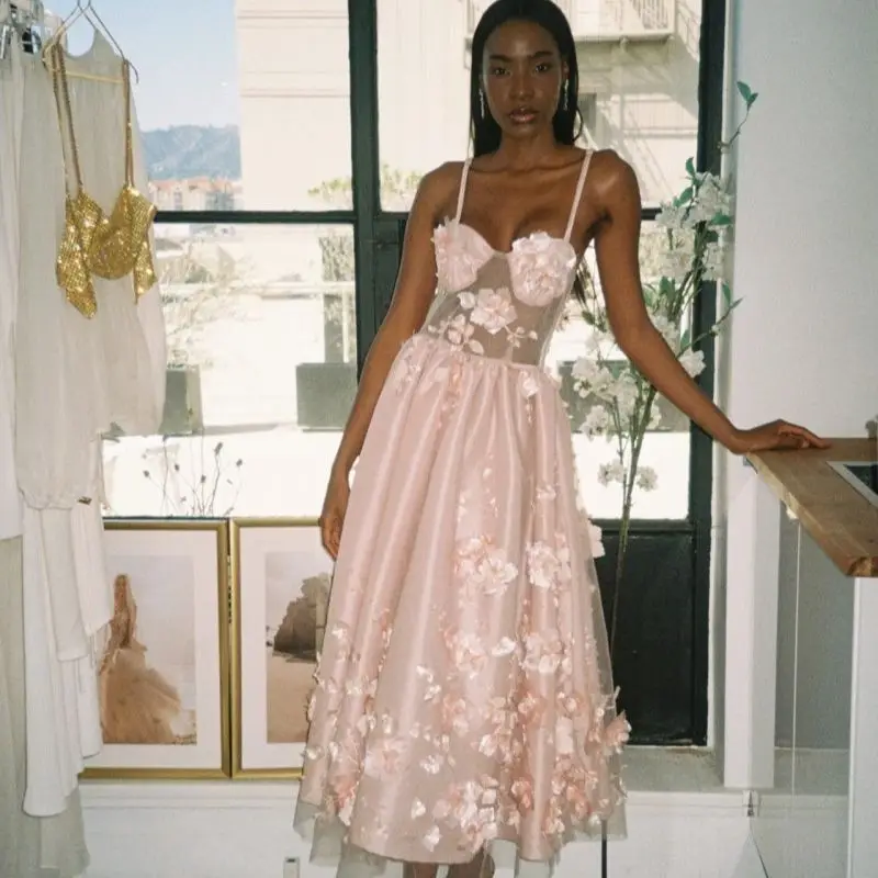 

Spaghetti Strap Light Pink Tulle Dress See Through Applique Floral Dress Midi Dress Ankle Length Woman Clothes Custom Made Gown