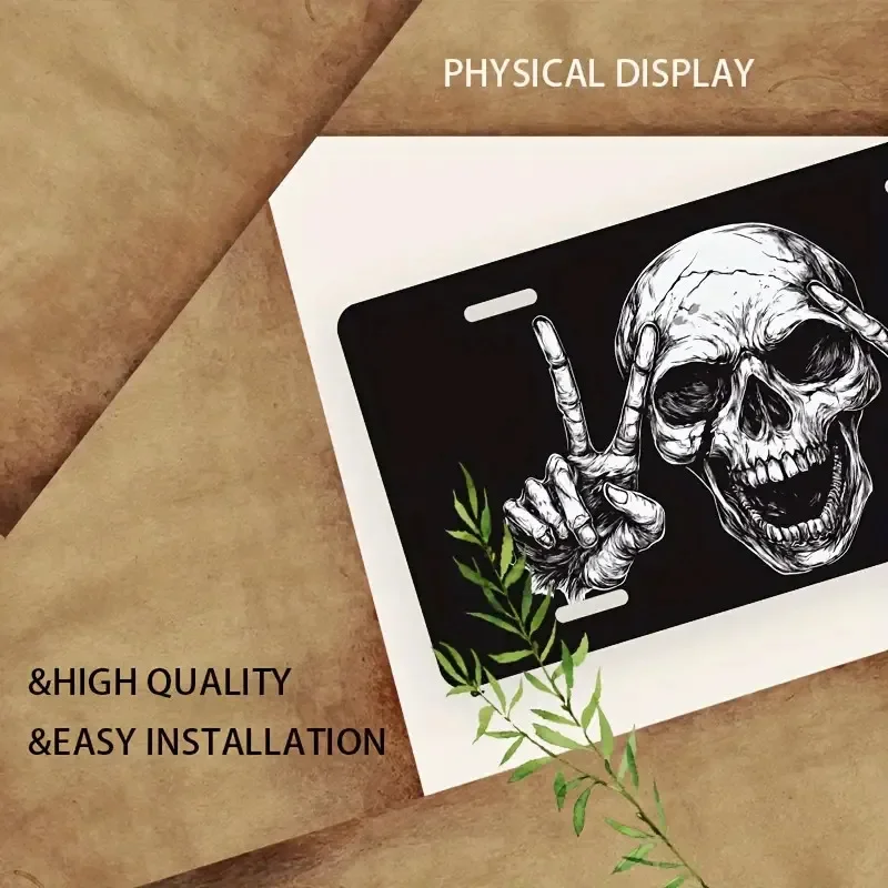 2D Flat, Rock Style Skull Hand Gesture Plaque Car Front Plate, Polished with Black and White Skull Peace Sign