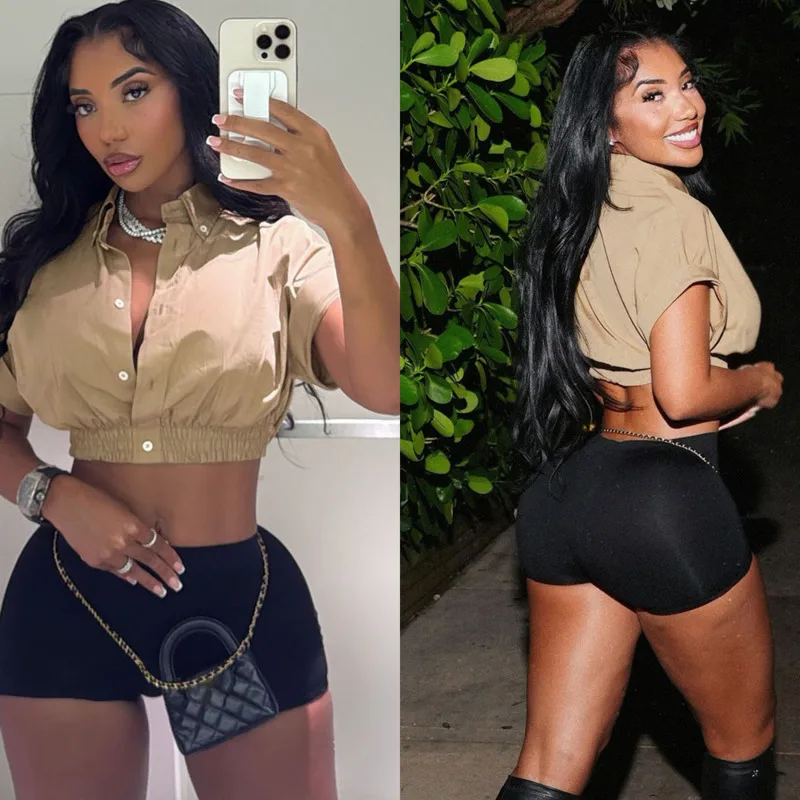 

Women's 2 Piece Summer Set Short Sleeve Button Crop Top And Tight High Waist Shorts Casual Sporty Tracksuit Streetwear Outfit
