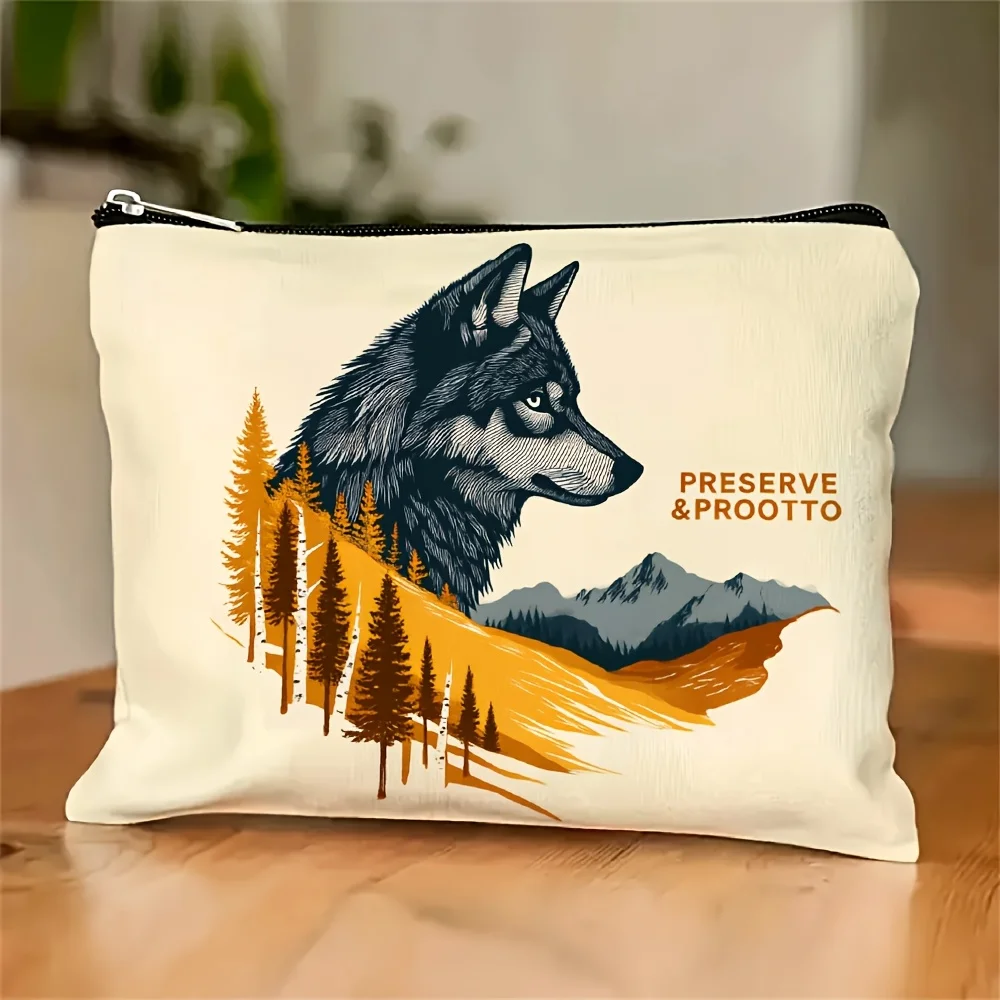 

AWolf Head Forest Print And Text Design Makeup Bag- Multifunctional Zipper Pouch, Jewelry Storage Bag, Perfect Travel Zipper Sma
