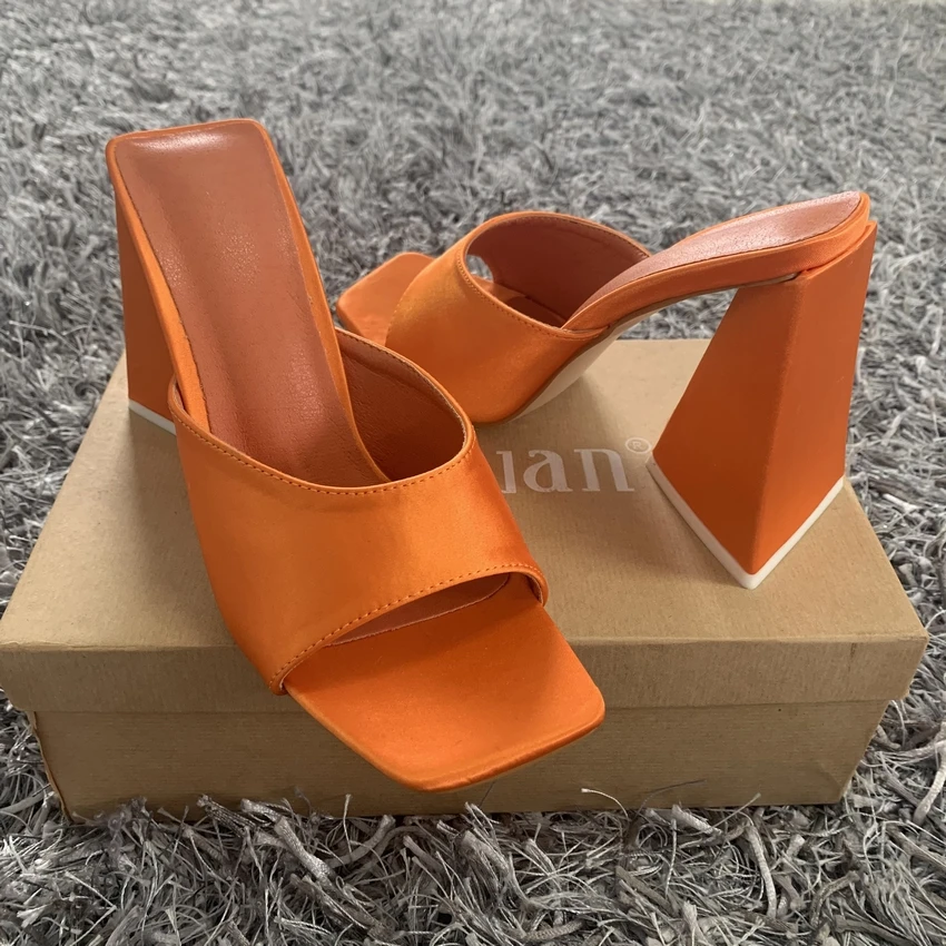 Summer Women Pumps Orange Black Triangle Thick heel Sandals Slippers Sexy Street Woman High Heels Party Peep toe Dress shoes