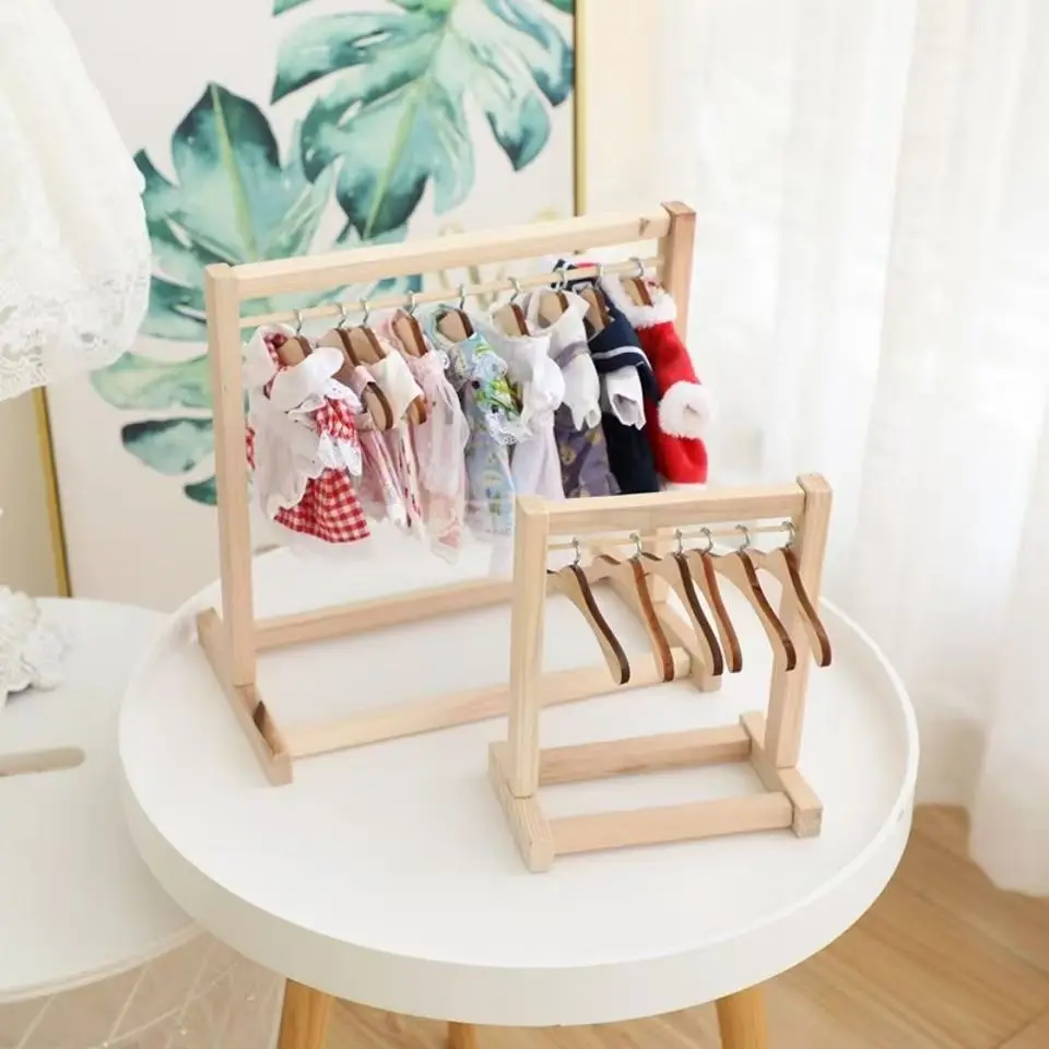 Poppenkledingrek met minihanger Houten poppenkledingstuk Display Organizer Rack Poppenhuiskleding Garderobe voor BJD katoenen pop