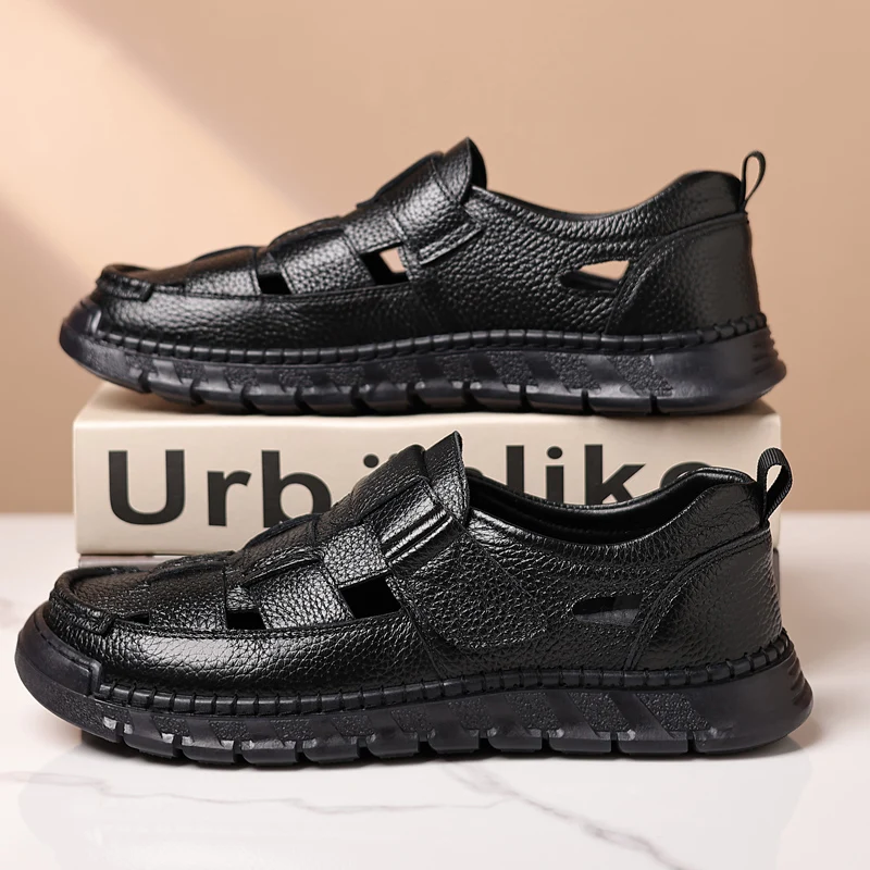 

Летние модные мужские сандалии, дышащая обувь, кожаные уличные мужские сандалии, противоскользящие пляжные сандалии, дышащая повседневная обувь с отверстиями