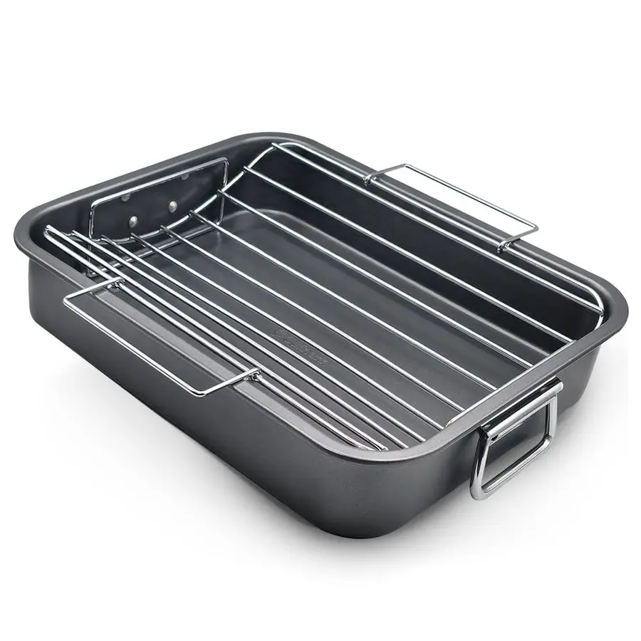 

Pan With Rack 11 x 15 Non Stick Large Roaster Pan and Vrack with foldable handles Roasting Pans for Ovens to Elevate Food for Ev