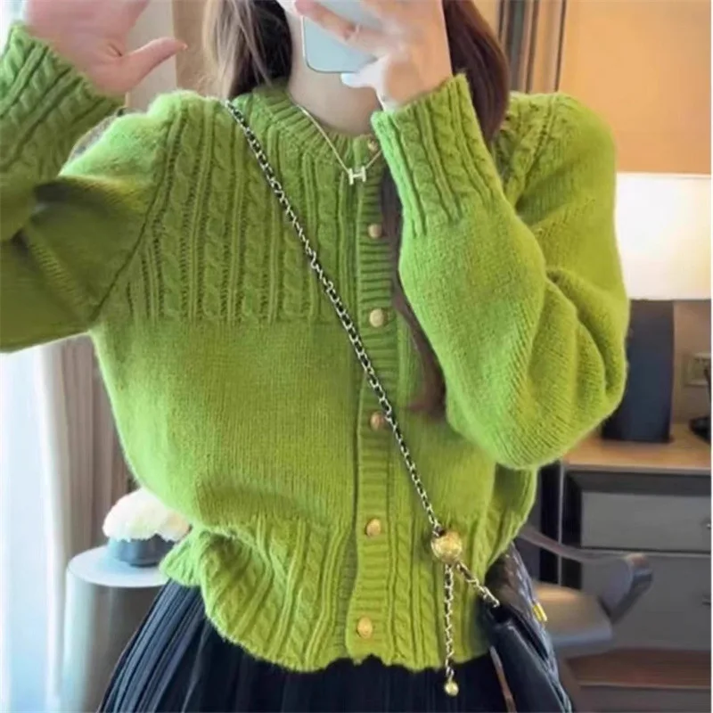 Women Knit Round Neck Cardigan Spliced Full Sleeves Button Thick Sweaters Jumper Casual Coats Straight Outwear Regular