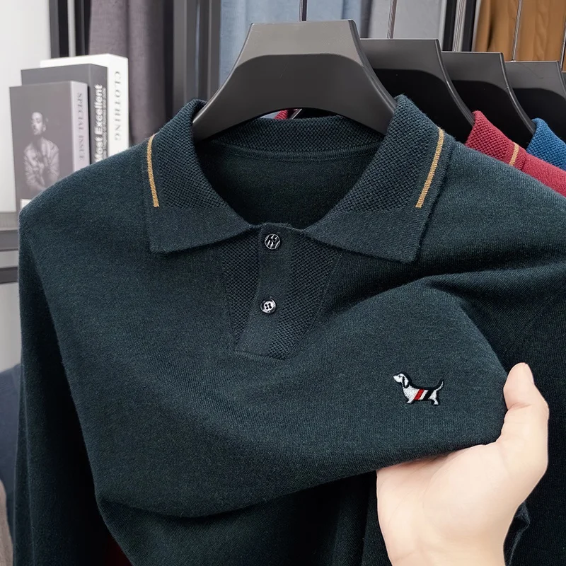 Quality Luxury Hot Sales Men's Lapel Pullover Wool Knitwear Autumn Winter New Dog Print Soft Sweater Fashion Business Men'swear