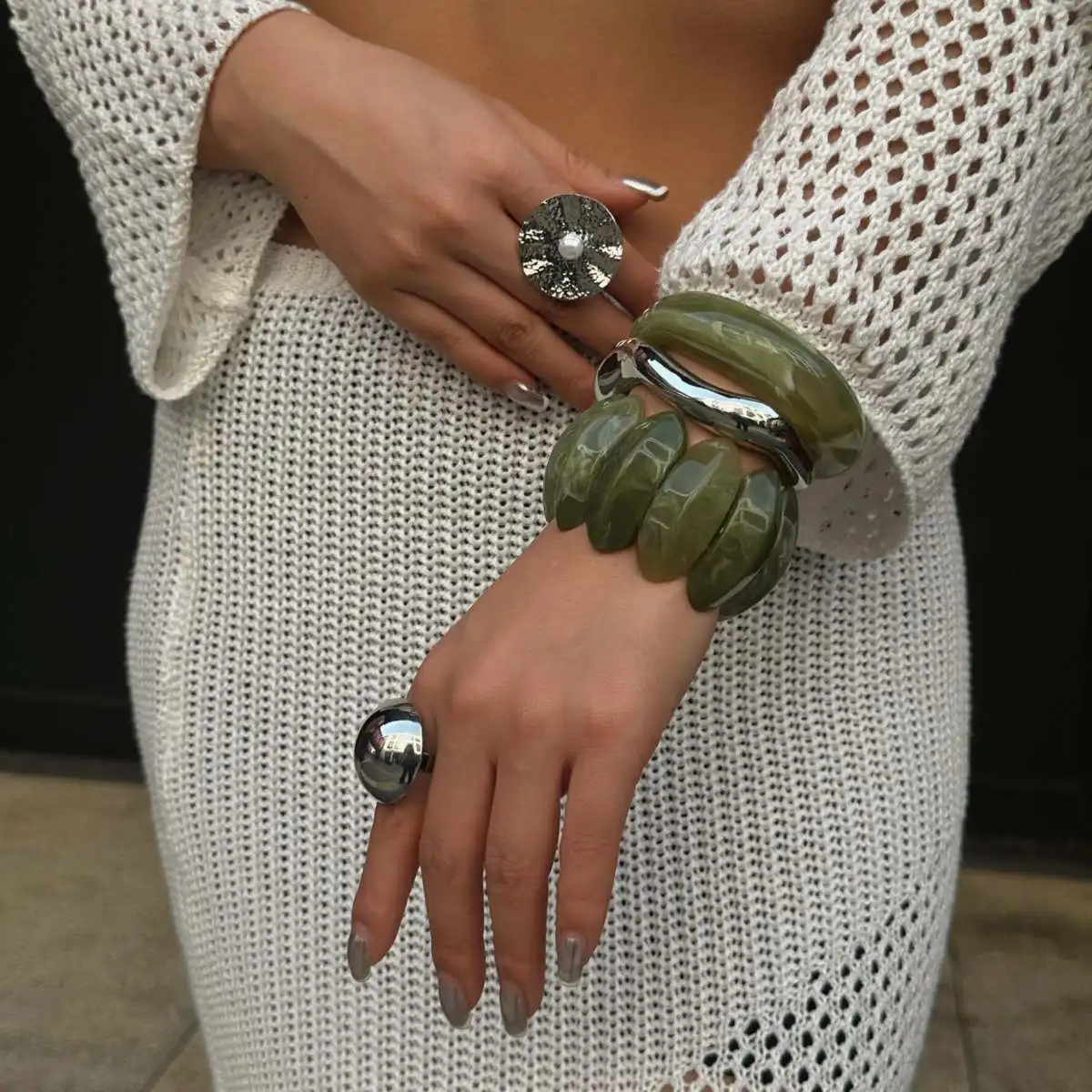 Vintage Boho Punk Green Thick Resin Acrylic Smudging Bangles Geometric Irregular Cuff Bangle Bracelet For Women Pulseras Jewelry