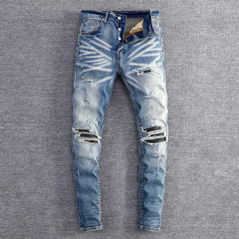 

Designer Fashion New Men's Jeans with Water Washed Elastic Slimming Patchwork. Retro Blue Jeans High Street Hip Hop Brand High Q