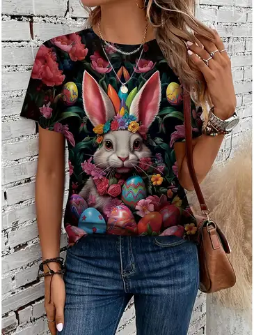 Söta kaninmönster T-shirts Roliga djur 3D-tryck Dam Casual Kortärmade Påskhare T-shirt Y2k Toppar Damkläder 8 best sales Bugs Bunny T-shirt - №6
