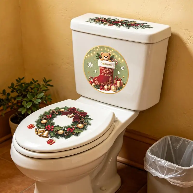 Christmas Toilet Stickers Removable Wreath Bear Decals Waterproof Bathroom Xmas Home Decor