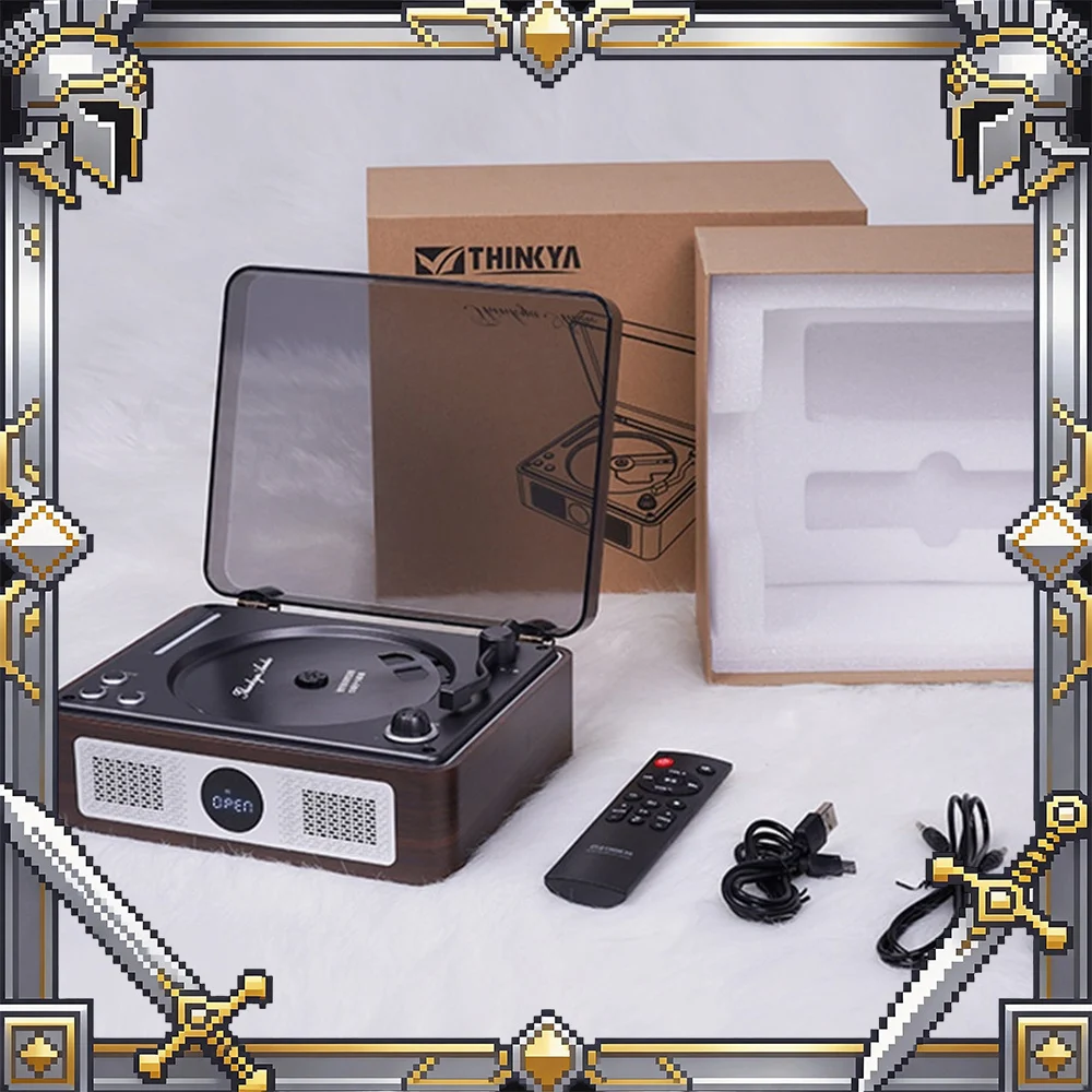 THINKYA A11 Retro CD Player Portable Bluetooth Speaker Vinyl-Style Disc Player with Stereo Sound for Home Desktop Music