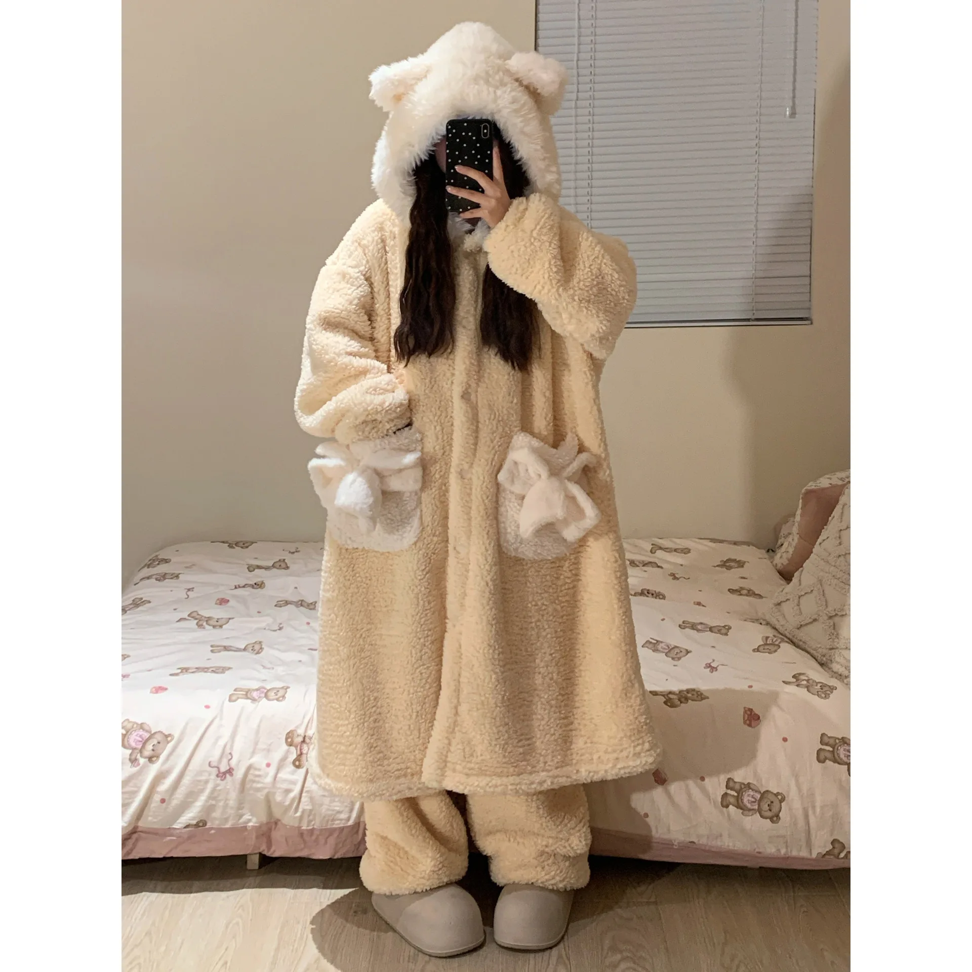 

Creamy Yellow Fluffy New Coral Fleece Women's Pants Set Winter 2025 Thickened Bathrobe Long Robe Homewear Pajama Set